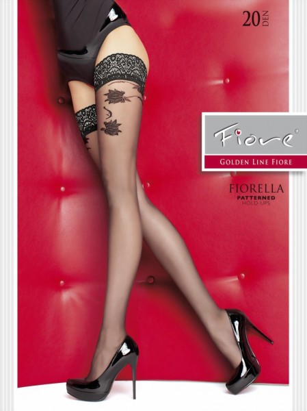 Fiore - Floral pattern hold ups with beautiful lace top Fiorella 20 denier